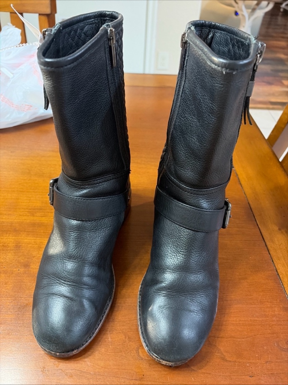 Women's Black zip-Up Mid-Calf Leather Boots with Harness Strap